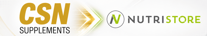 Transition graphic from CSN Supplements to NutriStore on a white background